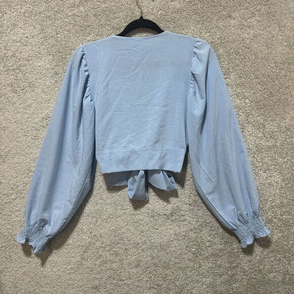 Superdown Victoria Top Women's Small‎ Blue Long Balloon Sleeve Crop Deep V Tie - Picture 13 of 13